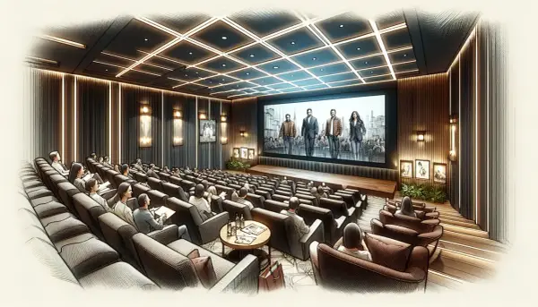 Un pubblico attento si prepara ad andare al cinema, seduto in comode poltrone davanti a un grande schermo che proietta un film.